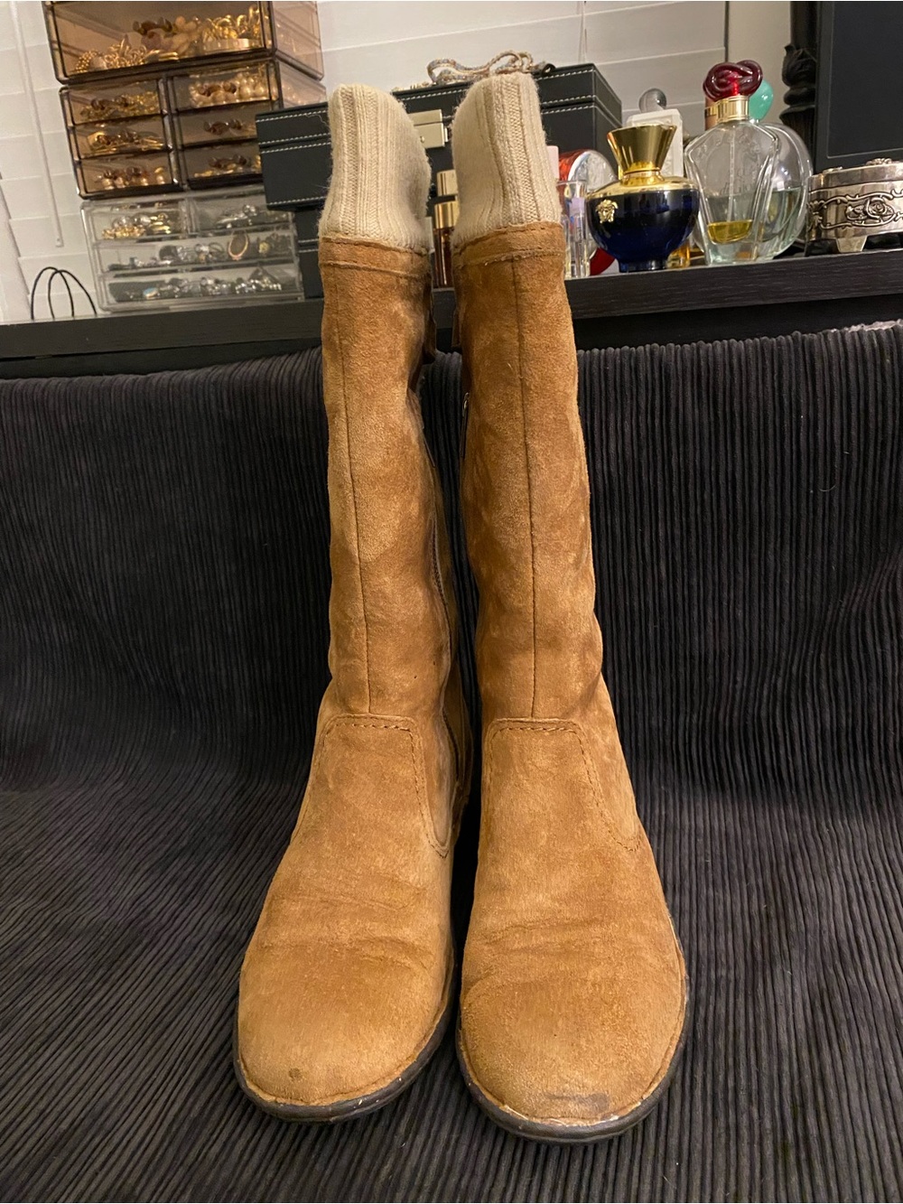 UGG Chestnut Suede Mid-Calf Boot with Knit Cuff